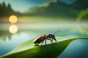 a bug is sitting on a leaf near a lake. AI-Generated photo