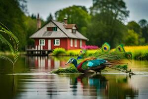 a peacock is standing on the water with a red house in the background. AI-Generated photo