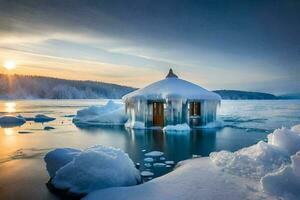 a small hut is surrounded by ice and snow. AI-Generated photo