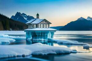 a house on an iceberg in the middle of a lake. AI-Generated photo