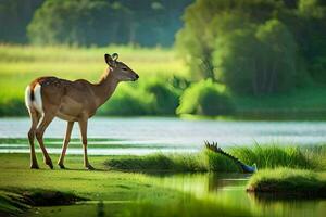 un ciervo soportes en el césped cerca un lago. generado por ai foto
