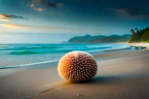 a ball of spiky hair on the beach. AI-Generated photo