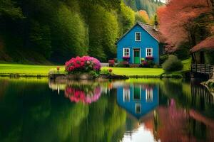 un azul casa se sienta en el borde de un lago. generado por ai foto