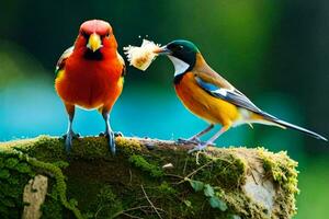 two colorful birds standing on a stump. AI-Generated photo