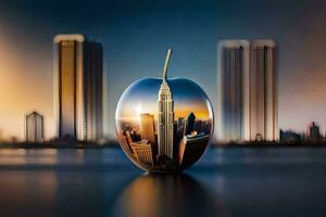 a reflection of a city in an apple. AI-Generated photo