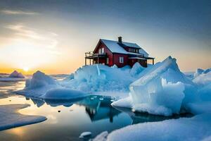 a red house sits on top of an iceberg. AI-Generated photo