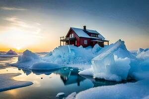 un rojo casa se sienta en parte superior de un iceberg. generado por ai foto