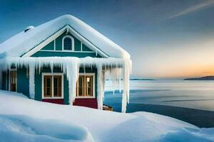 a house covered in snow and ice at sunset. AI-Generated photo