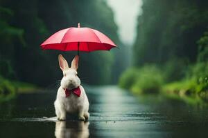 a rabbit with a red umbrella standing in the rain. AI-Generated photo