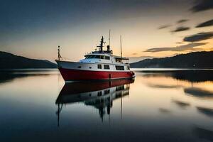 a red and white boat is docked in the water. AI-Generated photo