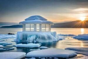 a gazebo sits on top of an ice floe in the middle of the ocean. AI-Generated photo