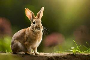 a rabbit sitting on a rock in the grass. AI-Generated photo