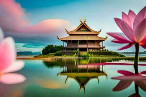 pink lotus flowers in front of a pagoda. AI-Generated photo