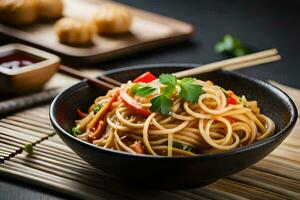 chinese noodles in a bowl with chopsticks. AI-Generated photo