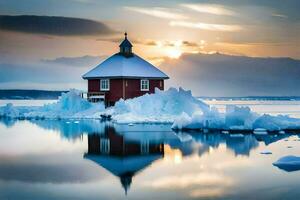 a red house sits on top of an iceberg. AI-Generated photo
