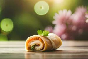 a roll of food with green leaves on it. AI-Generated photo