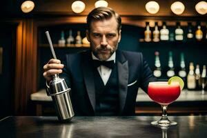 a man in a tuxedo holding a cocktail shaker. AI-Generated photo