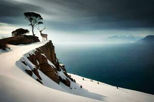 a deer stands on the edge of a cliff overlooking the ocean. AI-Generated photo