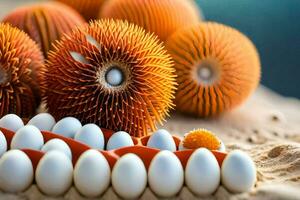 a group of eggs and spiky spines on the beach. AI-Generated photo