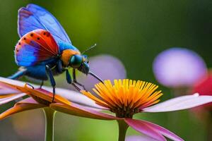 un vistoso mariposa es sentado en un flor. generado por ai foto