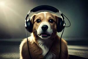 a dog wearing headphones sits on the floor. AI-Generated photo