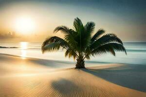 el palma árbol en el playa a puesta de sol. generado por ai foto