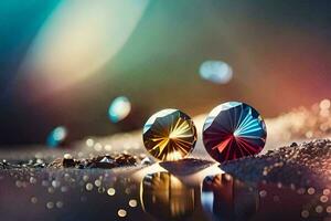 three colorful diamonds on a table with a light. AI-Generated photo