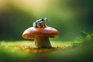 a frog sits on top of a mushroom in the forest. AI-Generated photo