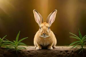 a rabbit sitting on a log with marijuana plants. AI-Generated photo