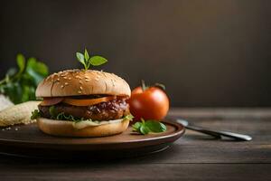 hamburger on a plate with vegetables and bread. AI-Generated photo