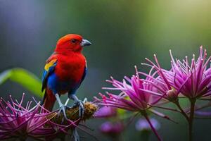 un vistoso pájaro se sienta en un rama con púrpura flores generado por ai foto