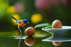 the bird is standing on the egg and the egg is on the water. AI-Generated photo