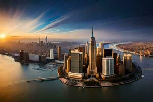 the sun rises over the city skyline in new york. AI-Generated photo
