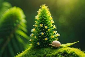 un caracol es sentado en parte superior de un cubierto de musgo árbol. generado por ai foto