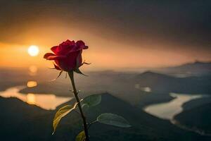a single red rose is seen in front of a sunset. AI-Generated photo