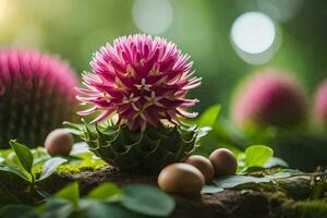 a pink flower and eggs on a green background. AI-Generated photo