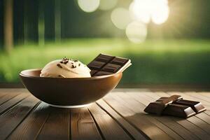 chocolate ice cream in a bowl with a piece of chocolate. AI-Generated photo