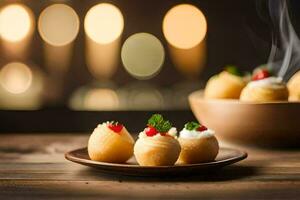 small food on a plate with candles in the background. AI-Generated photo