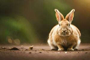 a rabbit sitting on the ground in front of a blurry background. AI-Generated photo