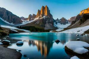 el montañas son reflejado en el agua. generado por ai foto