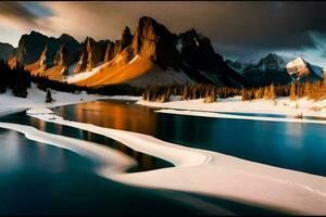 a river flows through a snowy mountain range. AI-Generated photo