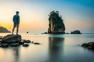 a man standing on rocks at the beach at sunset. AI-Generated photo