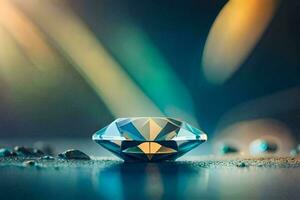 un diamante en un mesa con agua gotas. generado por ai foto