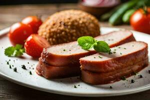 sliced pork on a plate with tomatoes and bread. AI-Generated photo