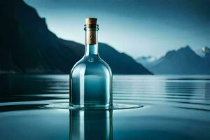 a bottle of water sitting on the water with mountains in the background. AI-Generated photo