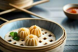 chinese dumplings in a bamboo steamer. AI-Generated photo