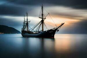 a sailing ship in the ocean at sunset. AI-Generated photo