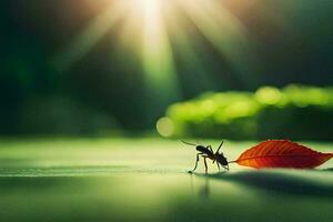 a small insect is standing on a leaf. AI-Generated photo