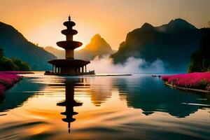 un pagoda en el medio de un lago a puesta de sol. generado por ai foto