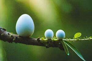 Tres huevos son sentado en un rama. generado por ai foto